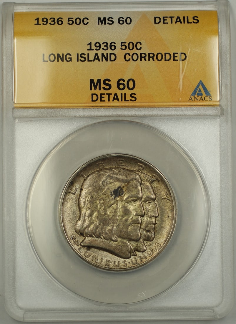 Toned 1936 Long Island Silver 50c Commemorative Half Dollar ANACS MS-60: Toned 1936 Long Island Silver 50c Commemorative Half Dollar ANACS MS-60 This 1936 Long Island Commemorative Half Dollar is composed of silver and features a toned finish. Certified by ANACS with a gra