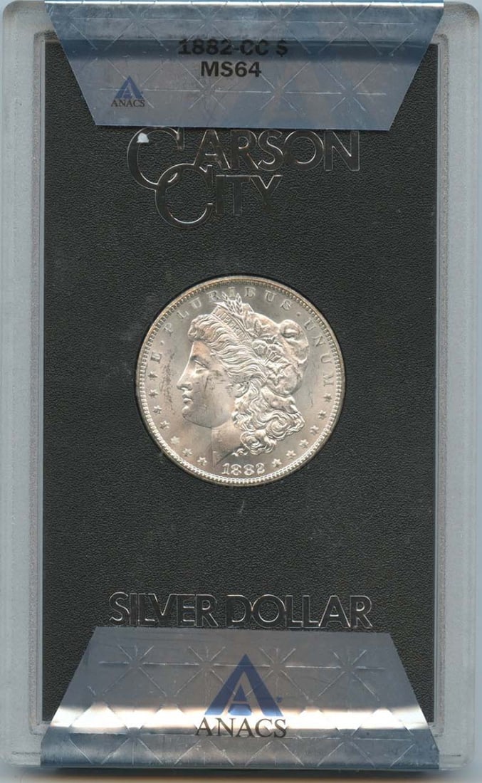 1882-CC Morgan Dollar GSA Hoard ANACS MS64 Uncirculated Coin: 1882-CC Morgan Dollar GSA Hoard ANACS MS64 Uncirculated Coin This stunning 1882-CC Morgan Dollar, produced at the Carson City Mint, is a remarkable example of numismatic excellence. Graded MS64 by ANA