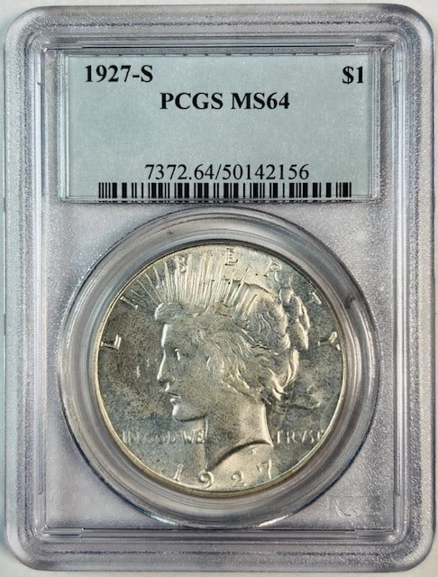 San Francisco 1927 Silver Peace Dollar PCGS Graded MS64: San Francisco 1927 Silver Peace Dollar PCGS Graded MS64 This is a 1927 S Peace Dollar, certified by PCGS with a grade of MS 64. The coin is composed of silver and was minted in San Francisco. It is in