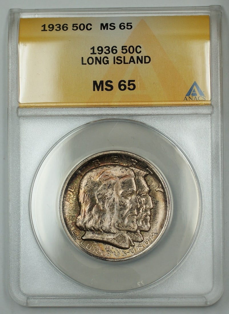 ANACS MS-65 1936 Long Island Silver Half Dollar Toned Philadelphia Mint: ANACS MS-65 1936 Long Island Silver Half Dollar Toned Philadelphia Mint This is a 1936 Long Island Commemorative Silver Half Dollar graded MS-65 by ANACS. The coin is uncirculated, features attractive