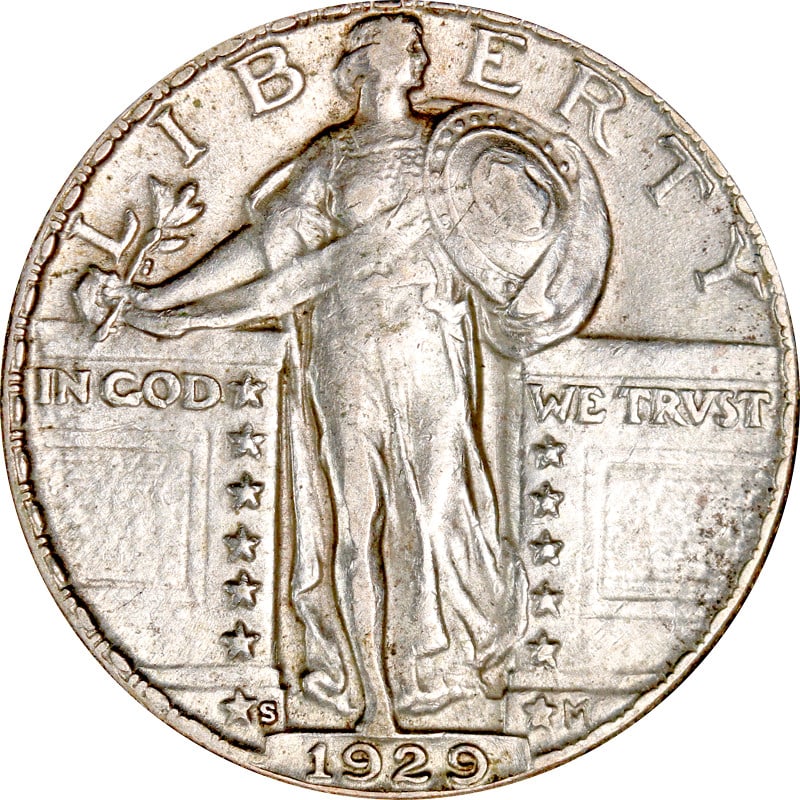 1929 San Francisco Mint Silver Quarter Standing Liberty Design: 1929 San Francisco Mint Silver Quarter Standing Liberty Design This 1929-S Standing Liberty Quarter is a circulated coin composed of 0.9 fineness silver. Minted in San Francisco in 1929, it is offered