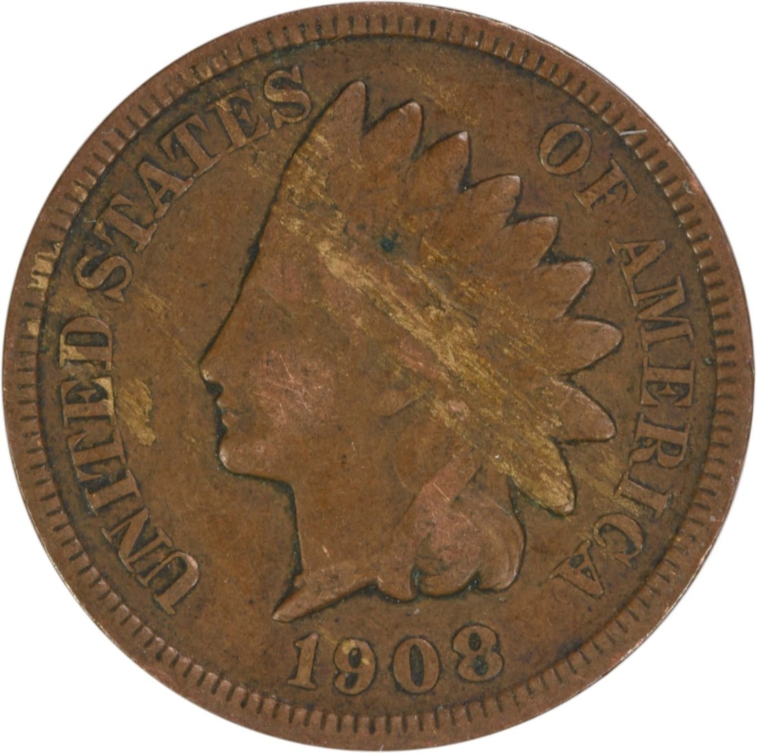1908 San Francisco Indian Head Cent VG Grade Uncertified: 1908 San Francisco Indian Head Cent VG Grade Uncertified This 1908-S Indian Head Cent is a circulated coin from the United States, minted in San Francisco. Composed of 95% copper with 5% tin and zinc,