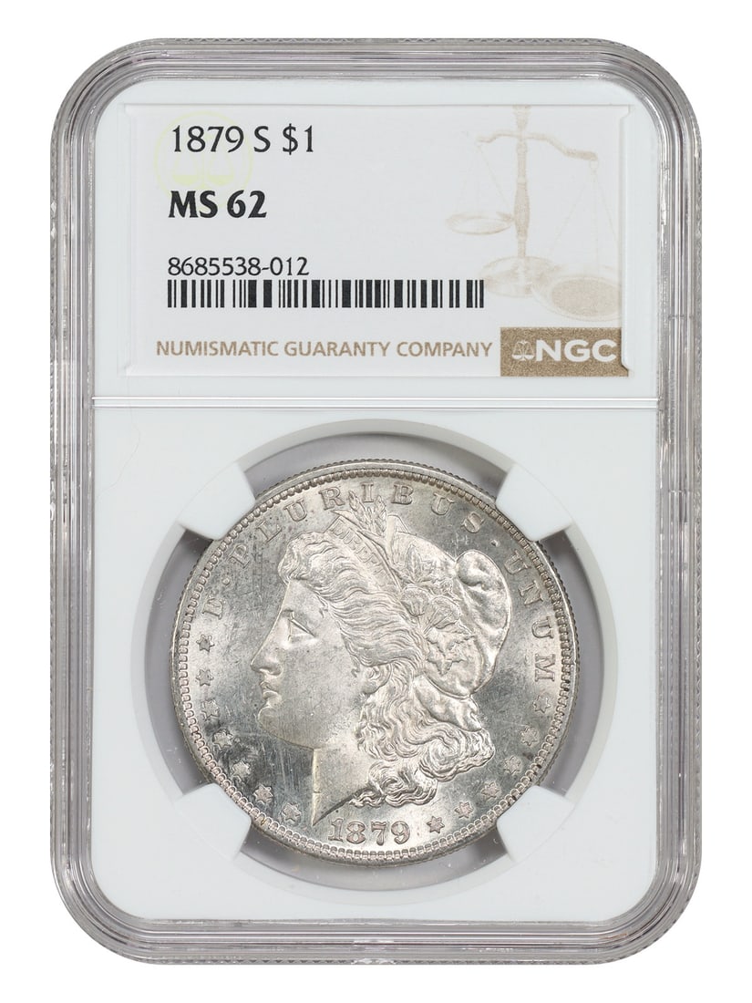 NGC MS62 1879 San Francisco Mint Morgan Silver Dollar: NGC MS62 1879 San Francisco Mint Morgan Silver Dollar This 1879-S Morgan Dollar is graded MS62 and certified by NGC. It was minted in San Francisco and remains uncirculated. As part of the Morgan Doll