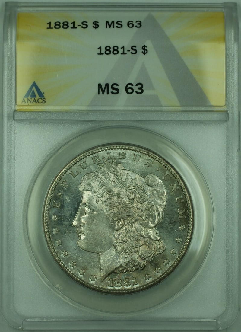 ANACS MS-64 1881-S Morgan Dollar Semi Proof Like Silver Coin from San Francisco: ANACS MS-64 1881-S Morgan Dollar Semi Proof Like Silver Coin from San Francisco This is an 1881-S Morgan Silver Dollar $1 coin, certified by ANACS with a grade of MS-64. The coin features a semi proof