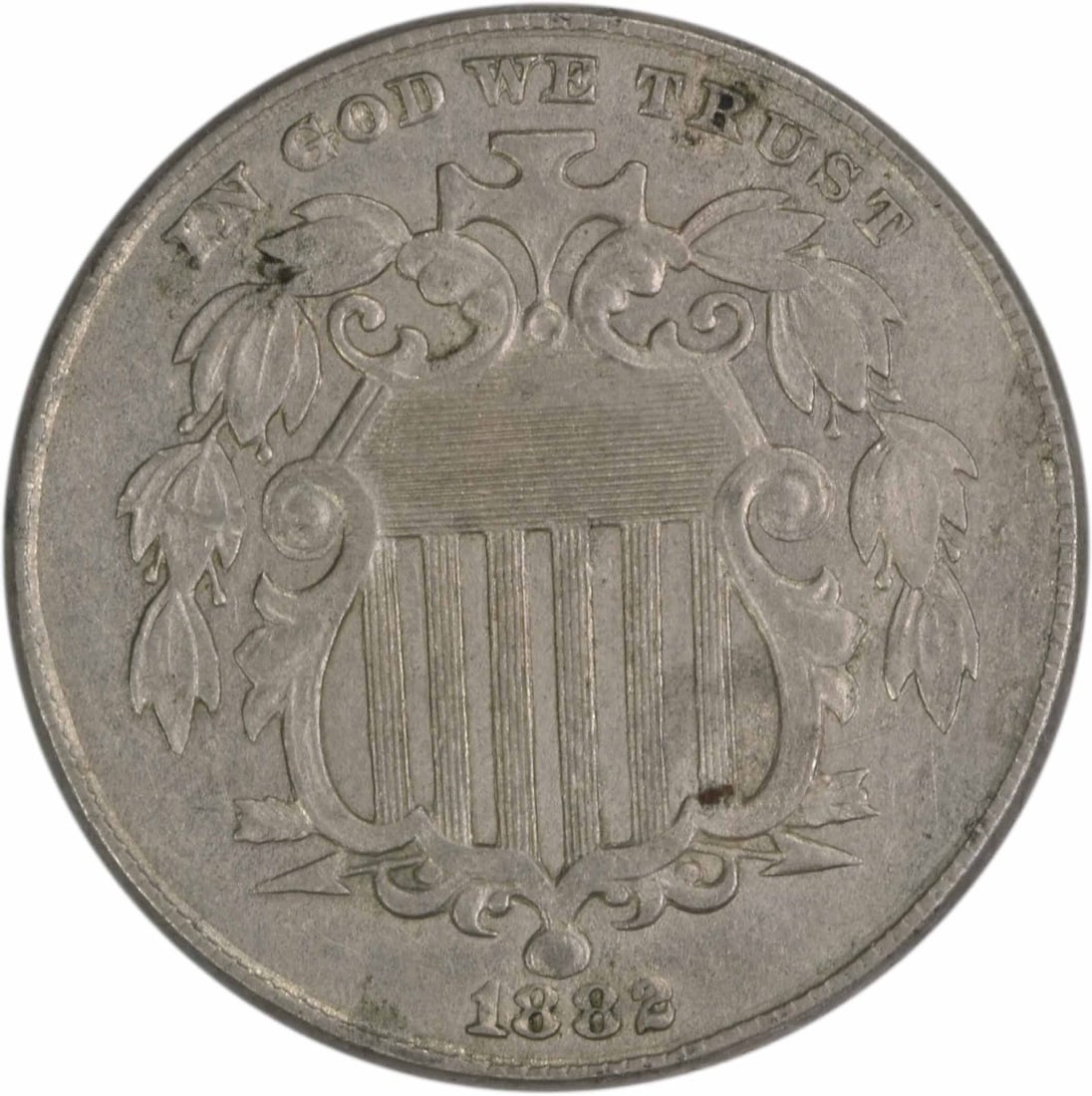 1882 Shield Nickel AU Uncertified 5C James Barton Longacre: 1882 Shield Nickel AU Uncertified 5C James Barton Longacre This 1882 Shield Nickel, graded AU (About Uncirculated), showcases the craftsmanship of designer James Barton Longacre. Minted in Philadelphi