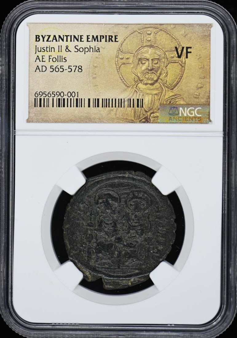 Justin II Sophia Byzantine AE Follis 40 Nummi NGC Certified VF20: Justin II Sophia Byzantine AE Follis 40 Nummi NGC Certified VF20 This is a Justin II & Sophia Byzantine AE Follis coin dated AD 565-578. It has been certified by NGC with a grade of VF20, indicating i