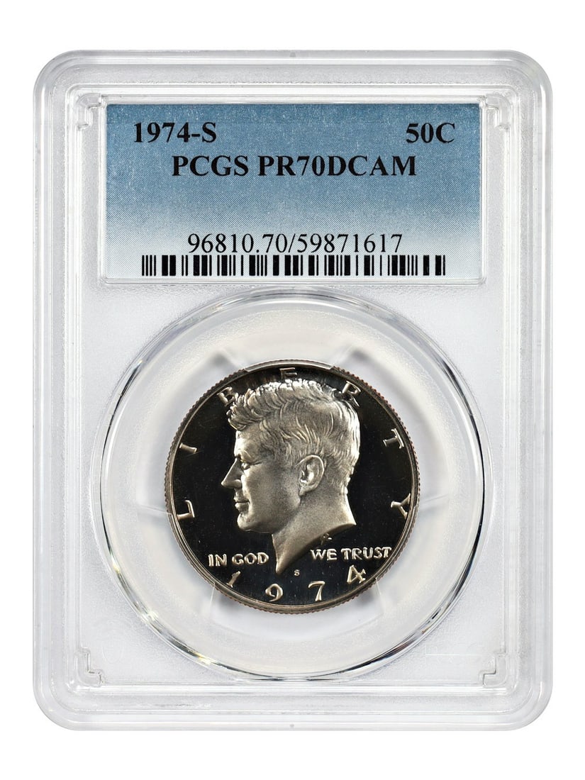 PCGS PR70DCAM 1974-S Kennedy Half Dollar 50 Cent Coin: PCGS PR70DCAM 1974-S Kennedy Half Dollar 50 Cent Coin This is a 1974-S Kennedy Half Dollar graded PR70DCAM by PCGS. The coin is uncirculated, features a deep cameo proof strike, and was minted in San