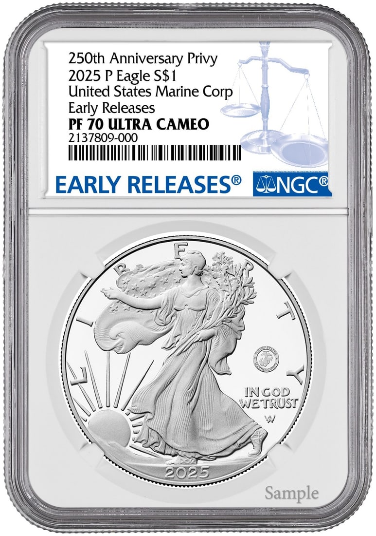 2025 American Silver Eagle Proof PF70 U.S. Marine Privy NGC Early Release: 2025 American Silver Eagle Proof PF70 U.S. Marine Privy NGC Early Release This 2025 American Silver Eagle coin features a stunning proof strike and is marked with the U.S. Marine privy. With a perfect