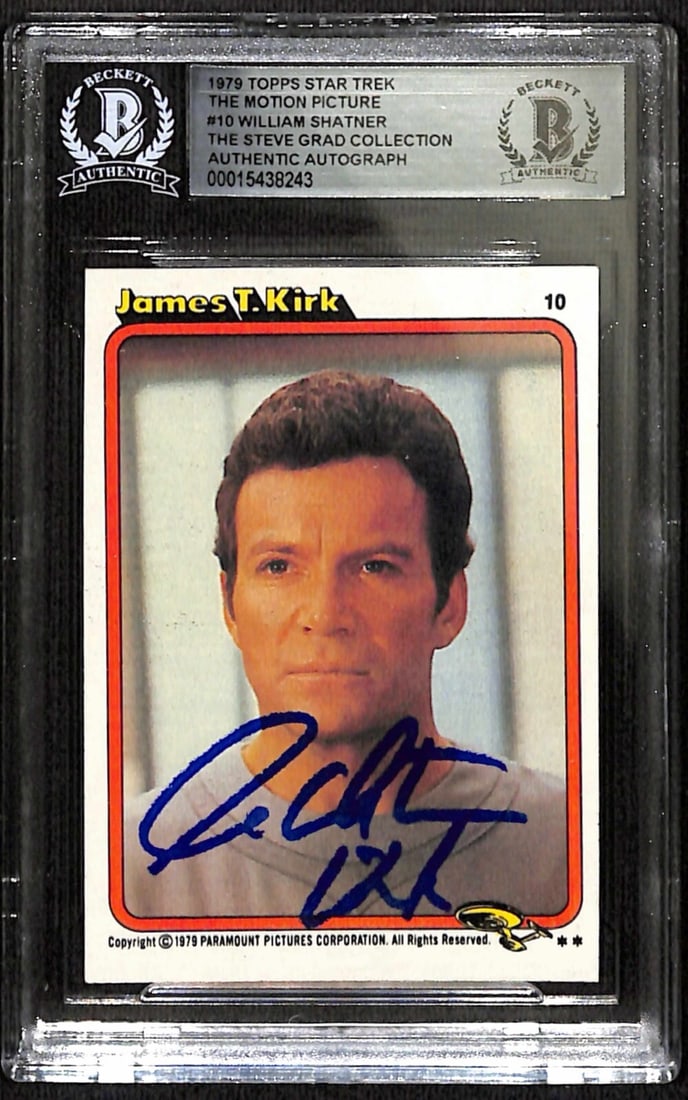 William Shatner Signed 1979 Topps Star Trek Kirk Card BECKETT Authenticated: William Shatner Signed 1979 Topps Star Trek Kirk Card BECKETT Authenticated This is a signed 1979 Topps Star Trek The Motion Picture trading card featuring Captain Kirk, portrayed by William Shatner.