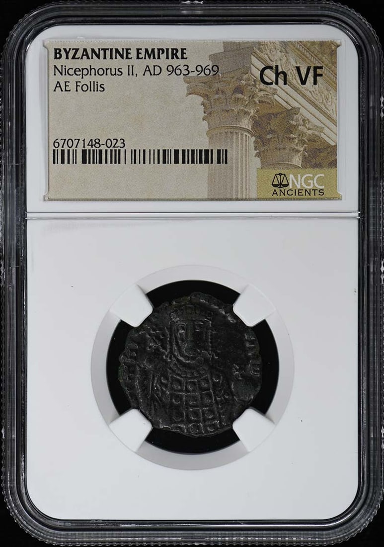 Nicephorus II AD 963-969 Byzantine Empire AE Follis NGC VF30 Certified: Nicephorus II AD 963-969 Byzantine Empire AE Follis NGC VF30 Certified This Byzantine Empire AE Follis, minted during the reign of Nicephorus II from AD 963 to 969, showcases a grade of VF30 as certif