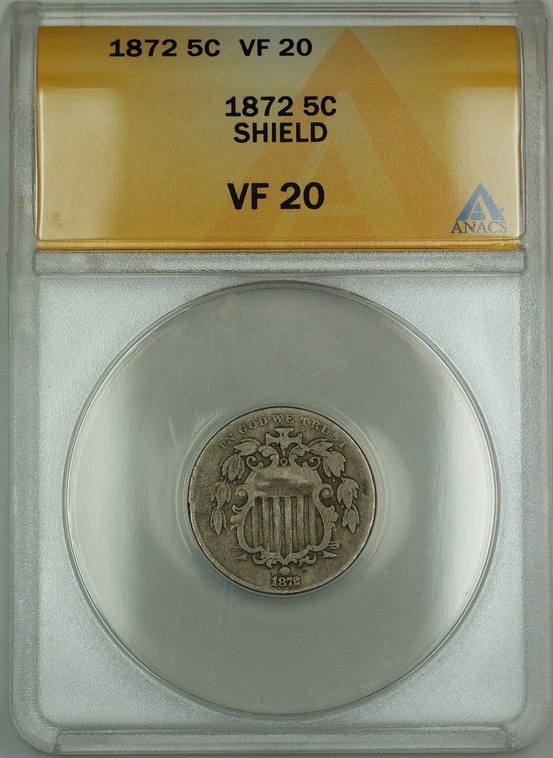ANACS VF 20 graded 1872 Shield Nickel five cent Philadelphia coin: ANACS VF 20 graded 1872 Shield Nickel five cent Philadelphia coin This 1872 Shield Nickel 5-cent coin has been graded VF-20 by ANACS. Minted in Philadelphia, it is a circulated example from the United