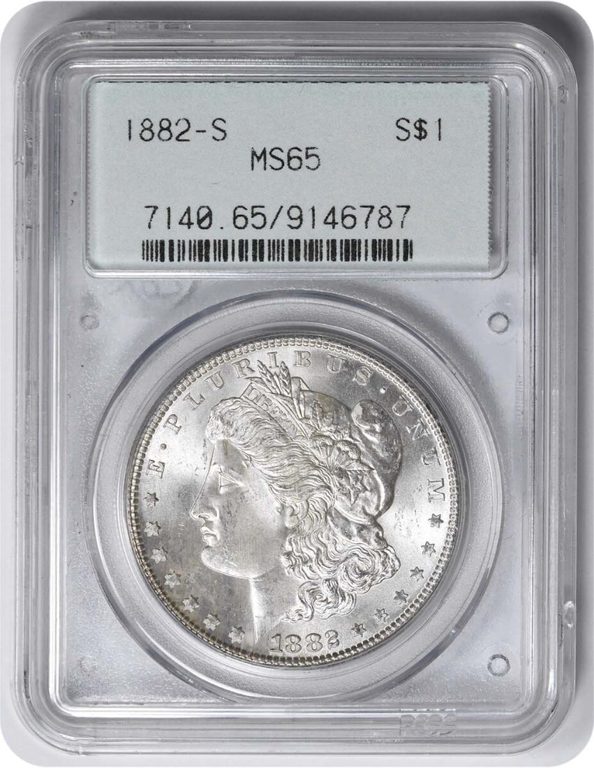PCGS MS65 1882 San Francisco Morgan Dollar 90 Percent Silver: PCGS MS65 1882 San Francisco Morgan Dollar 90 Percent Silver This 1882-S Morgan Silver Dollar is certified MS65 by PCGS. Struck in San Francisco, it is composed of 90% silver and 10% copper, and featu