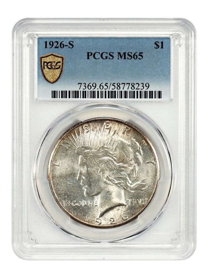 1926-S Peace Dollar $1 PCGS MS65 Uncirculated Coin: 1926-S Peace Dollar $1 PCGS MS65 Uncirculated Coin This 1926-S Peace Dollar is a stunning example of American numismatic history, graded MS65 by PCGS, ensuring its high quality and appeal to collector