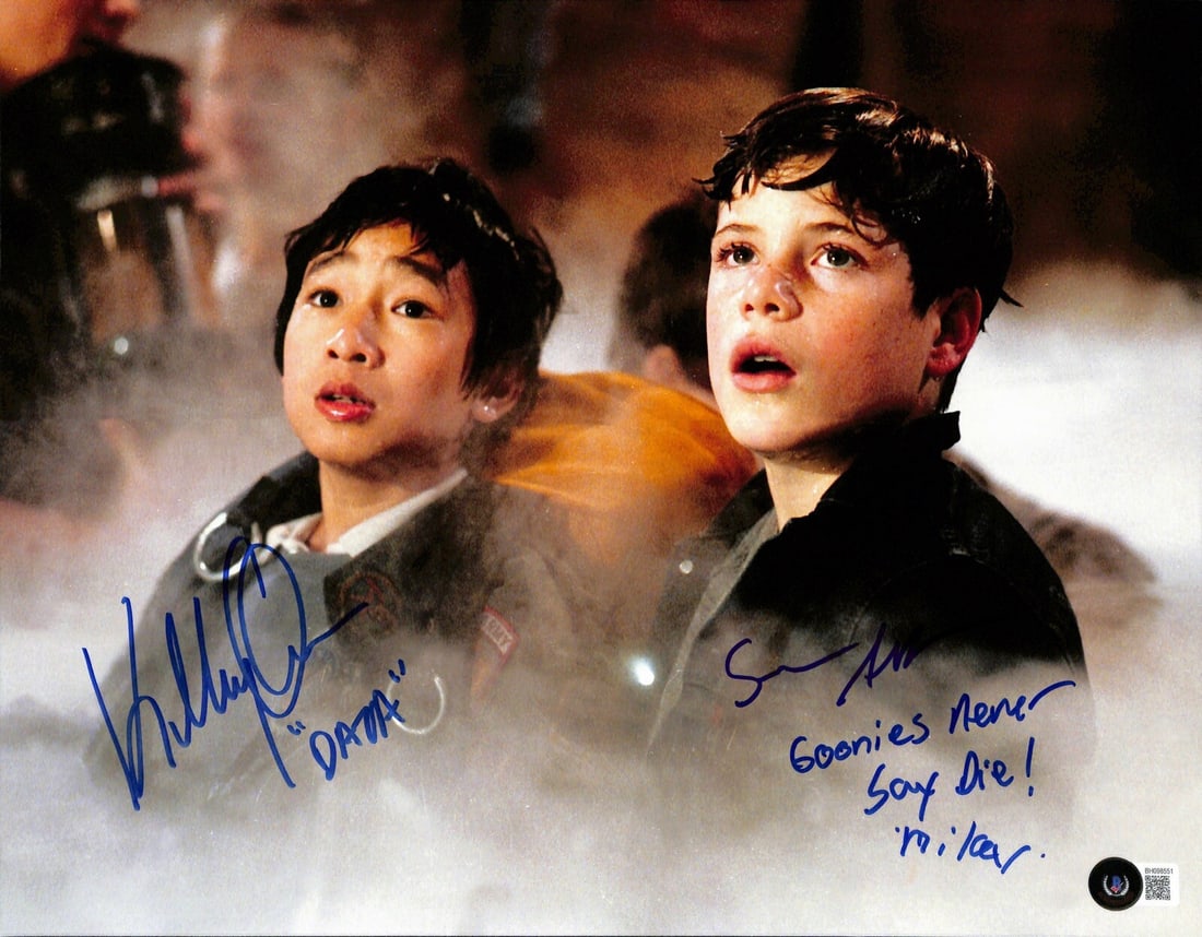 Autographed 11x14 Photo by Sean Astin and Ke Huy Quan with Beckett COA: Autographed 11x14 Photo by Sean Astin and Ke Huy Quan with Beckett COA This is an original 11x14 color photograph from the movie The Goonies, personally signed and inscribed by actors Sean Astin and K