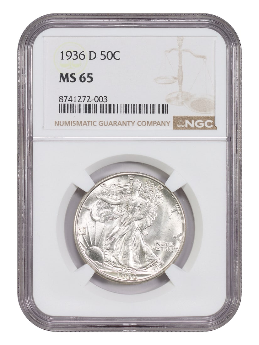 1936 Denver Walking Liberty Half Dollar NGC MS65 Graded 50C Coin: 1936 Denver Walking Liberty Half Dollar NGC MS65 Graded 50C Coin This 1936-D Walking Liberty Half Dollar is certified by NGC as MS65, indicating uncirculated condition. Minted in Denver, it features t