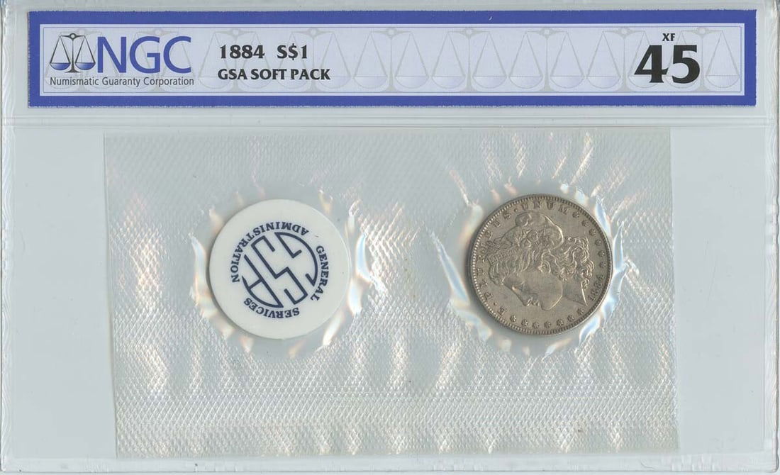 1884 Morgan Dollar NGC XF45 GSA Soft Pack Philadelphia: 1884 Morgan Dollar NGC XF45 GSA Soft Pack Philadelphia This 1884 Morgan Dollar is a stunning piece certified by NGC with a grade of XF45, indicating excellent details while showing some signs of circu