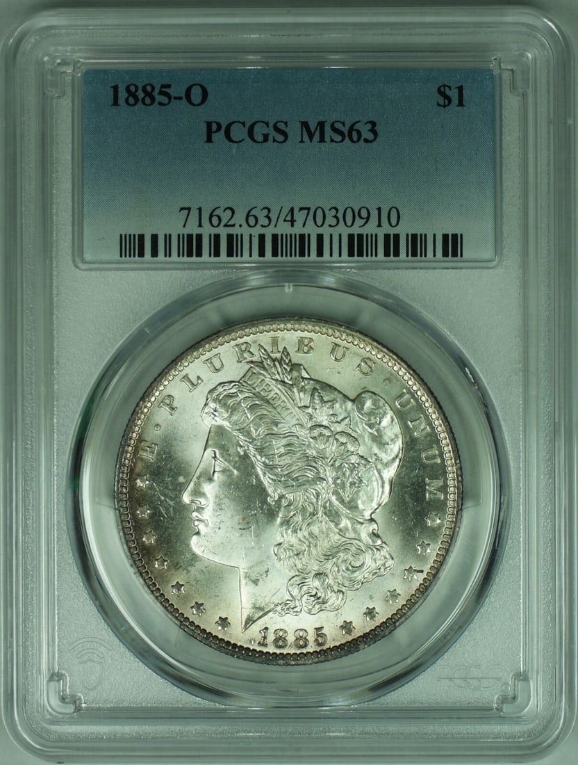 PCGS MS63 1885-O Morgan Dollar Uncirculated Silver $1 Coin New Orleans Mint: PCGS MS63 1885-O Morgan Dollar Uncirculated Silver $1 Coin New Orleans Mint This is an 1885-O Morgan Silver Dollar coin from the United States, minted in New Orleans. It is uncirculated, composed of s