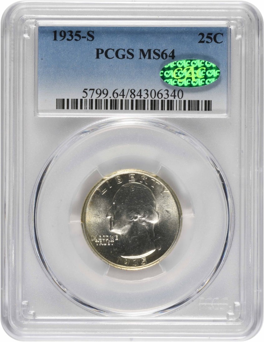 1935-S Washington Quarter MS64 PCGS CAC Uncirculated Silver Coin: 1935-S Washington Quarter MS64 PCGS CAC Uncirculated Silver Coin This 1935-S Washington Quarter is graded MS64 by PCGS and features the CAC certification, ensuring its exemplary quality. Struck in San