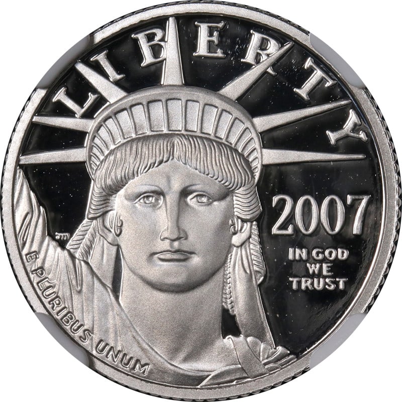 NGC PF70 Ultra Cameo 2007-W $25 Platinum Eagle Coin: NGC PF70 Ultra Cameo 2007-W $25 Platinum Eagle Coin This 2007-W Platinum American Eagle $25 coin is certified by NGC as PF70 Ultra Cameo, indicating a perfect grade. Struck at the West Point Mint, it