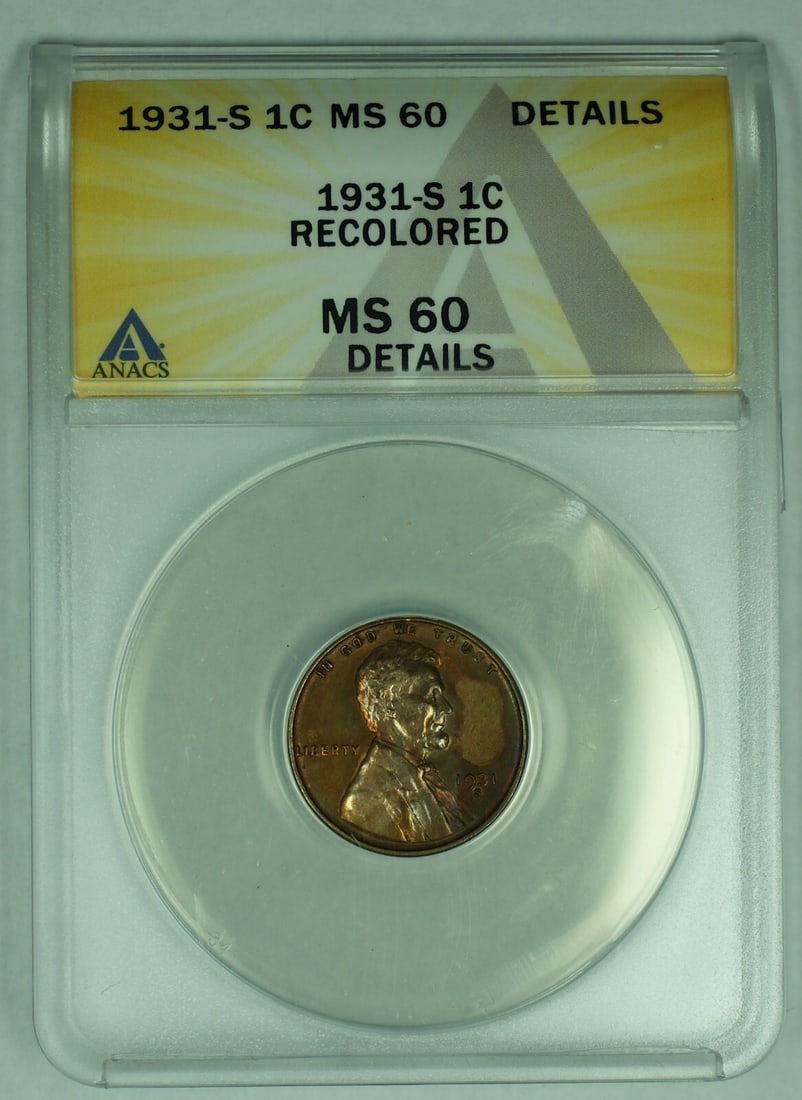 1931-S Lincoln Wheat Small Cent ANACS MS 60 Details Certified Coin: 1931-S Lincoln Wheat Small Cent ANACS MS 60 Details Certified Coin This is a 1931-S Lincoln Wheat Cent graded MS 60 by ANACS. It is an uncirculated small cent coin from the United States, featuring th