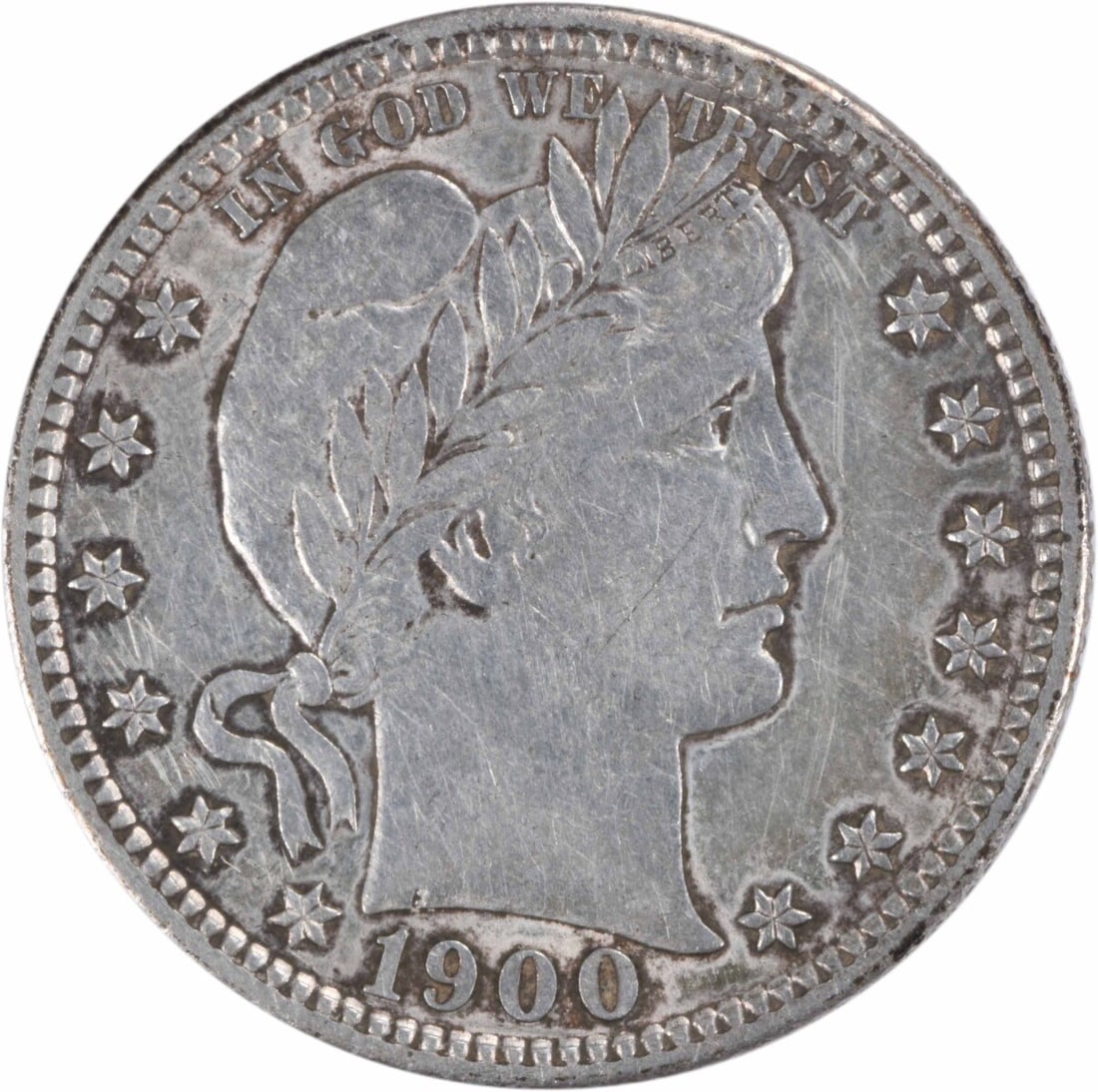 1900-S Barber Silver Quarter AU Uncertified 25C 90% Silver Coin: 1900-S Barber Silver Quarter AU Uncertified 25C 90% Silver Coin This 1900-S Barber Silver Quarter is a notable piece for collectors, featuring a design by Charles E. Barber. The coin is classified as