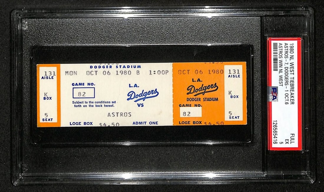 1980 N.L. West Tie Breaker Ticket Astros vs Dodgers PSA EX 5: 1980 N.L. West Tie Breaker Ticket Astros vs Dodgers PSA EX 5 This is an original ticket for the October 16, 1980 N.L. West Tie Breaker game between the Houston Astros and the Los Angeles Dodgers. The