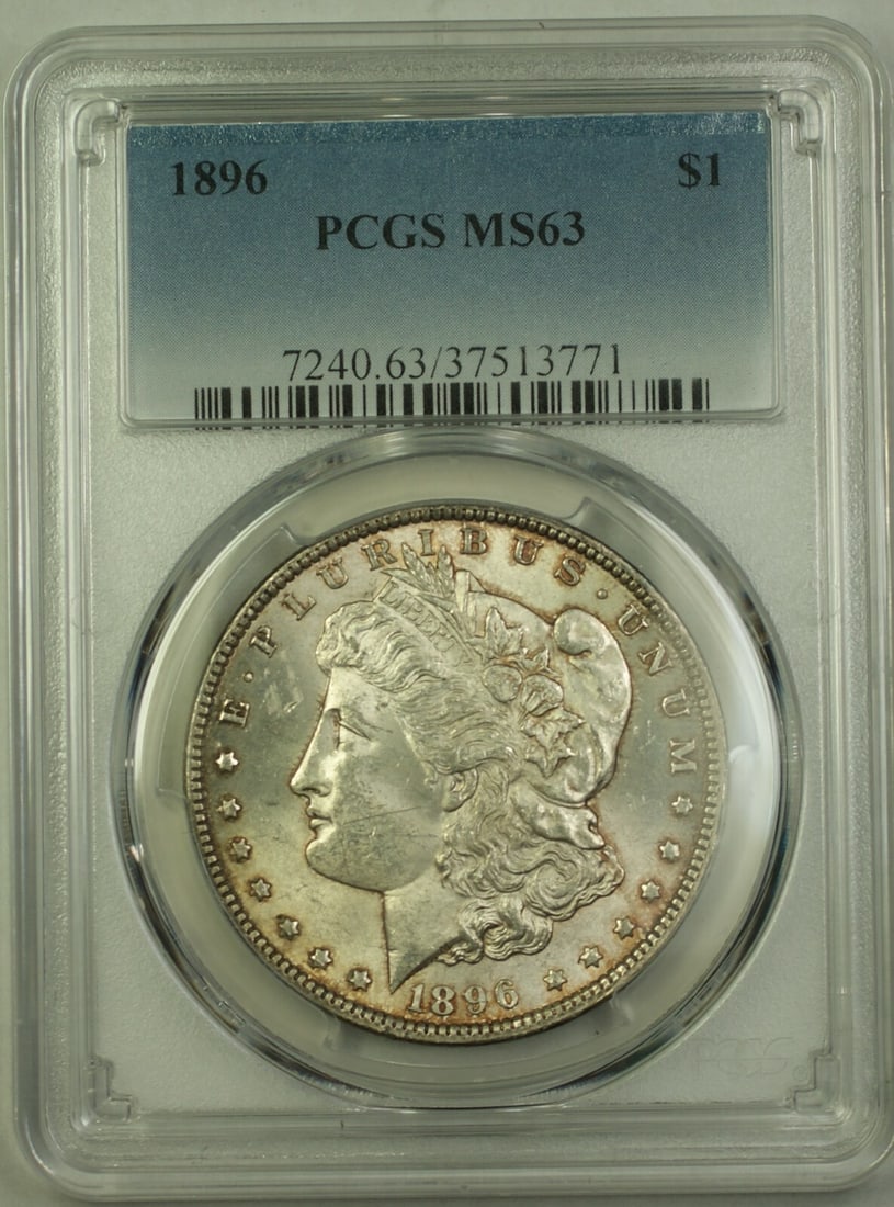 PCGS MS-62 Morgan Dollar 1896 Philadelphia Silver Light Toning: PCGS MS-62 Morgan Dollar 1896 Philadelphia Silver Light Toning This is an 1896 Morgan Silver Dollar graded MS-62 by PCGS. The coin is lightly toned and was minted in Philadelphia. It is uncirculated a