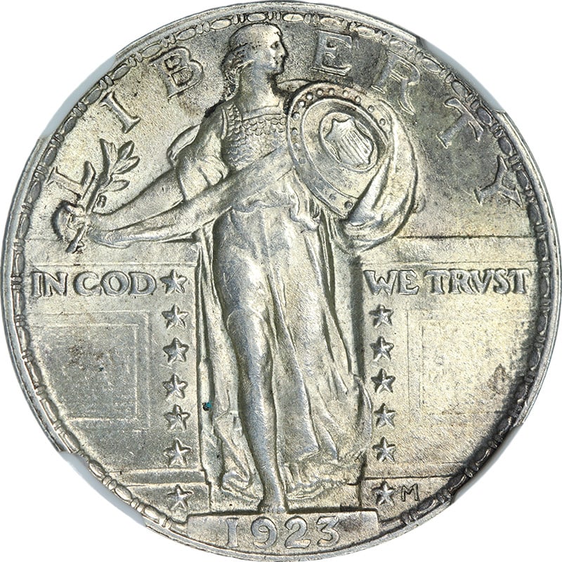 NGC MS63 1923 Philadelphia Standing Liberty Silver Quarter Coin: NGC MS63 1923 Philadelphia Standing Liberty Silver Quarter Coin This 1923-P Standing Liberty Quarter is certified by NGC with a grade of MS63. The coin is composed of silver with a fineness of 0.9 and