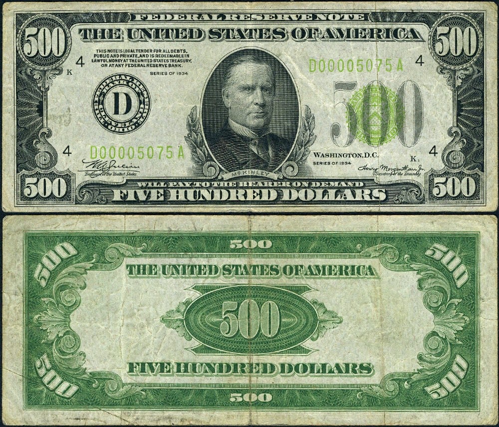 1934 $500 Federal Reserve Note Cleveland D-A Block Circulated: 1934 $500 Federal Reserve Note Cleveland D-A Block Circulated This 1934 $500 Federal Reserve Note originates from the Cleveland district and features the D-A block. It is categorized as a Very Fine (V