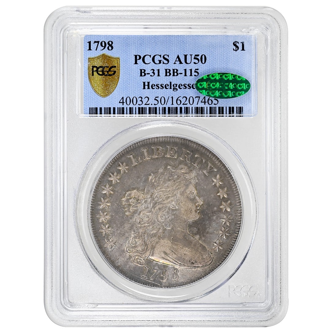 1798 Draped Bust Silver Dollar B-31 BB-115 PCGS AU50 CAC Certified: 1798 Draped Bust Silver Dollar B-31 BB-115 PCGS AU50 CAC Certified This 1798 Draped Bust Dollar is a rare Type 2 Heraldic Eagle variety, identified as B-31/BB-115 with four vertical lines. Certified b