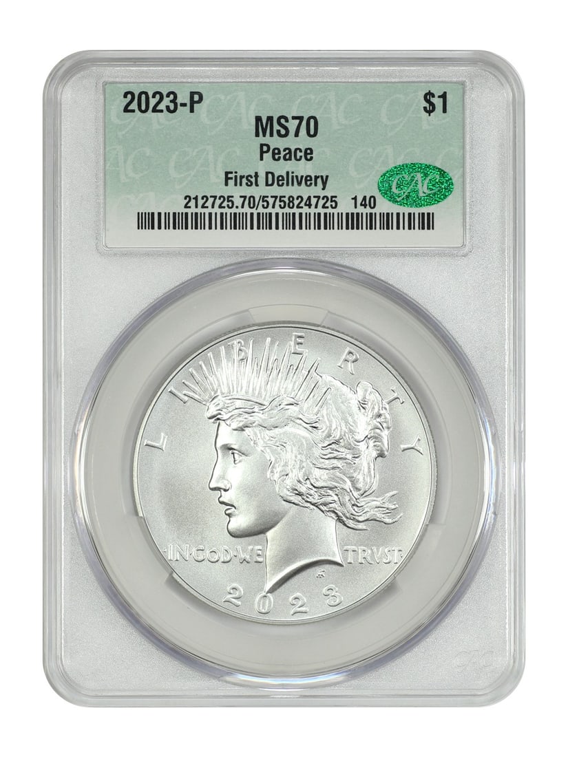 CACG Graded 2023 Philadelphia Peace Dollar MS70 First Delivery: CACG Graded 2023 Philadelphia Peace Dollar MS70 First Delivery This 2023-P Peace Dollar is a modern silver and clad commemorative coin, certified by CACG as MS70 First Delivery. It is uncirculated and