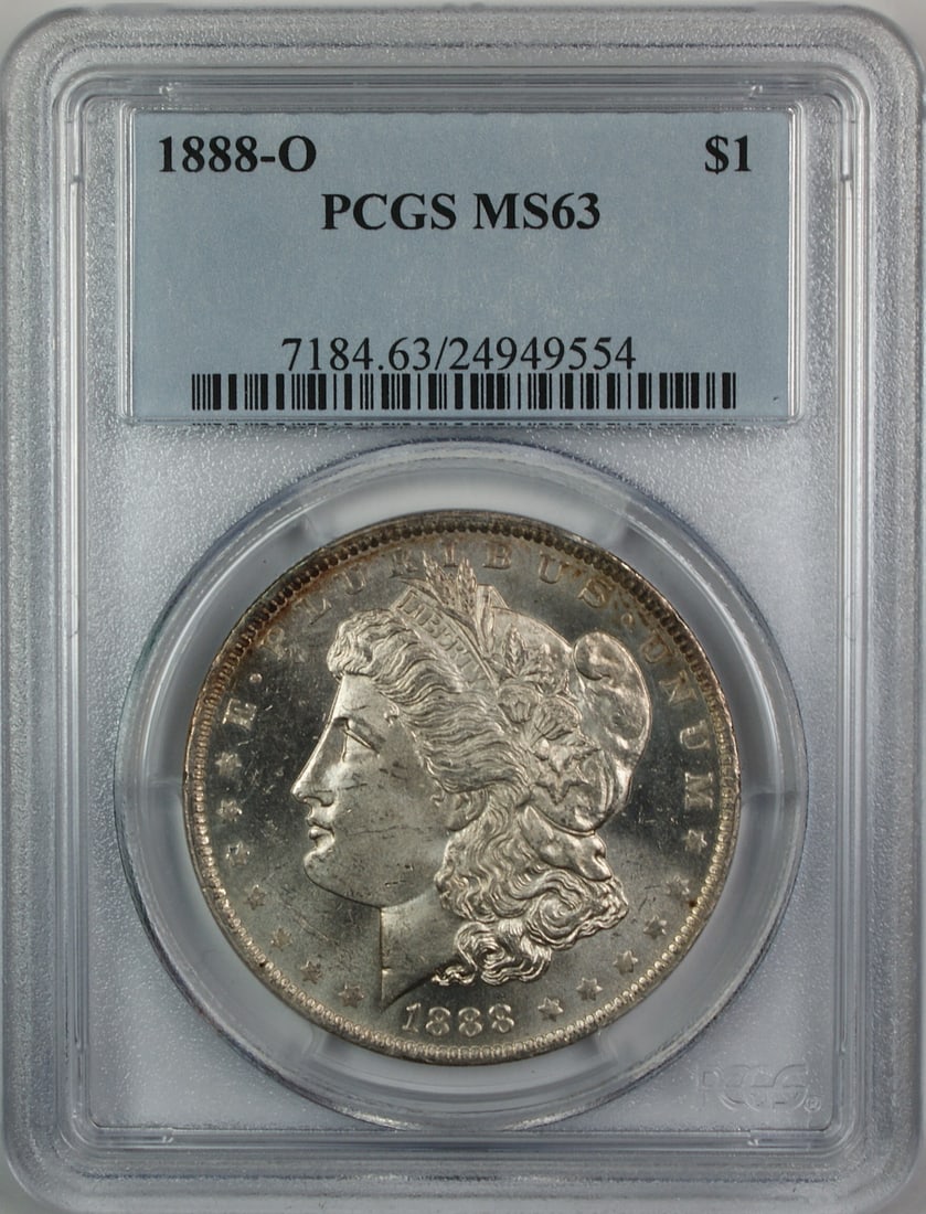 PCGS MS-63 1888-O Morgan Dollar VAM-9 Semi Prooflike Doubled Die Reverse: PCGS MS-63 1888-O Morgan Dollar VAM-9 Semi Prooflike Doubled Die Reverse This 1888-O Morgan Silver Dollar is certified by PCGS with a grade of MS-63 and features the VAM-9 variety with a Doubled Die R