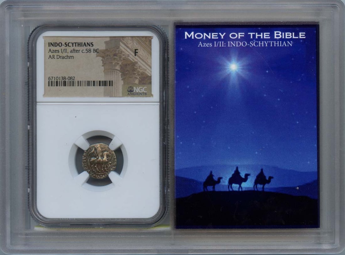 Azes I/II Indo-Scythian AR Drachm NGC F12 Certified Coin: Azes I/II Indo-Scythian AR Drachm NGC F12 Certified Coin This Indo-Scythian AR Drachm, issued by Azes I/II around c. 58 BC, is a fascinating piece of ancient currency. Certified by NGC with a grade of
