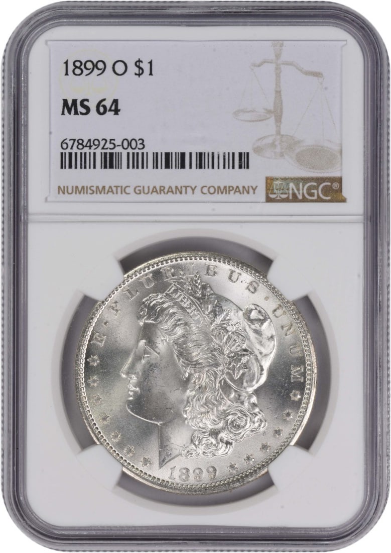 NGC MS64 Graded 1899-O Morgan Dollar from New Orleans Mint: NGC MS64 Graded 1899-O Morgan Dollar from New Orleans Mint This 1899-O Morgan Silver Dollar is certified MS64 by NGC. Struck at the New Orleans Mint, it features a composition of 90% silver and 10% co