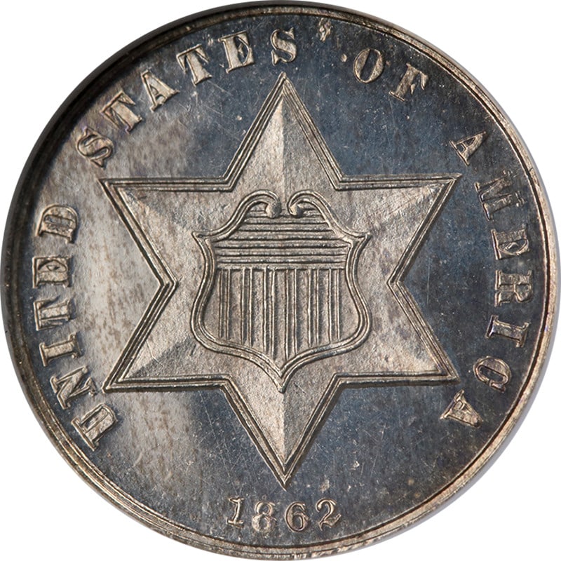 NGC Certified 1862 Three Cent Silver Proof Coin PF64 Strong Strike: NGC Certified 1862 Three Cent Silver Proof Coin PF64 Strong Strike This 1862 Three Cent Silver Proof coin is graded NGC PF64. It features strong strike, bright white color, excellent luster, and attra