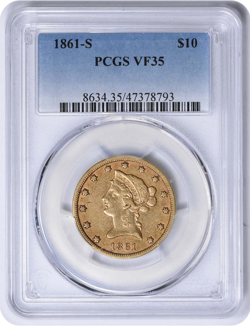 1861-S $10 Gold Liberty Head Coin PCGS VF35 Circulated: 1861-S $10 Gold Liberty Head Coin PCGS VF35 Circulated This 1861-S $10 Gold Liberty Head coin is a remarkable piece of history, certified by PCGS with a grade of VF35. Struck in gold, this coin featur