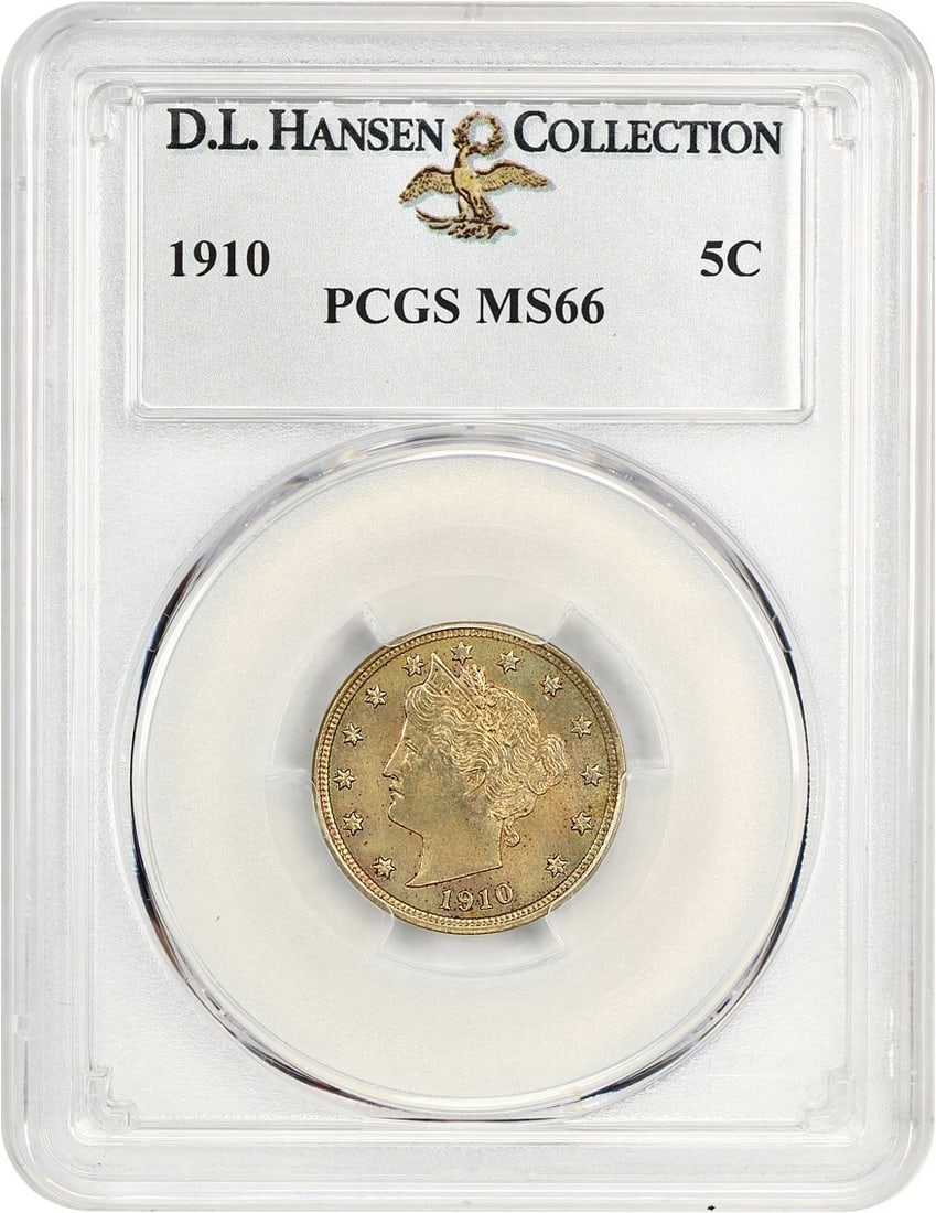 1910 MS66 Liberty Nickel PCGS Certified Stunning Rainbow Tints: 1910 MS66 Liberty Nickel PCGS Certified Stunning Rainbow Tints This 1910 Liberty Nickel, graded MS66 by PCGS, showcases exceptional quality with stunning rainbow tints, particularly vivid on the rever