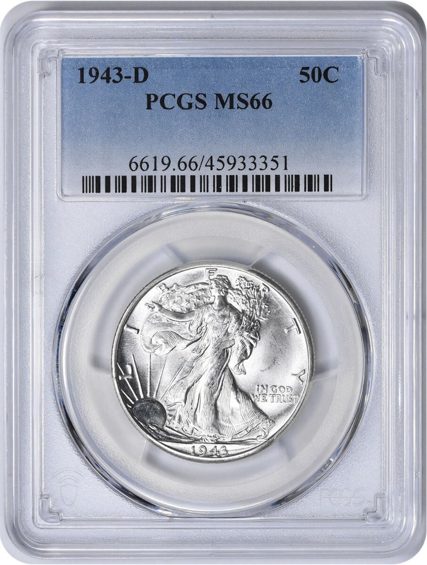 1943-D Walking Liberty Half Dollar MS66 PCGS Certified Silver Coin: 1943-D Walking Liberty Half Dollar MS66 PCGS Certified Silver Coin Discover a remarkable piece of American numismatic history with this 1943-D Walking Liberty Silver Half Dollar, graded MS66 by PCGS.