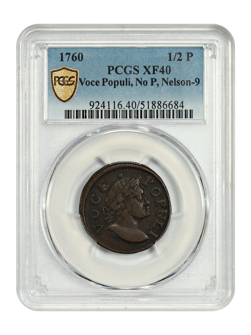 1700 Voce Populi Half Penny PCGS XF40 Nelson-9 Colonial Issue: 1700 Voce Populi Half Penny PCGS XF40 Nelson-9 Colonial Issue This 1700 1/2 P Voce Populi colonial coin is certified by PCGS with a grade of XF40 (BN). It is a circulated coin from the Colonials serie