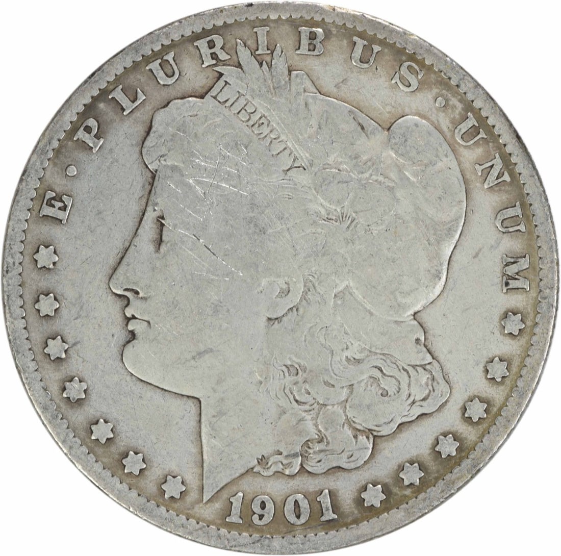 1901-S Morgan Silver Dollar VG Uncertified San Francisco Mint Coin: 1901-S Morgan Silver Dollar VG Uncertified San Francisco Mint Coin This 1901-S Morgan Silver Dollar is an intriguing piece of numismatic history, featuring the iconic design by George T. Morgan. The c