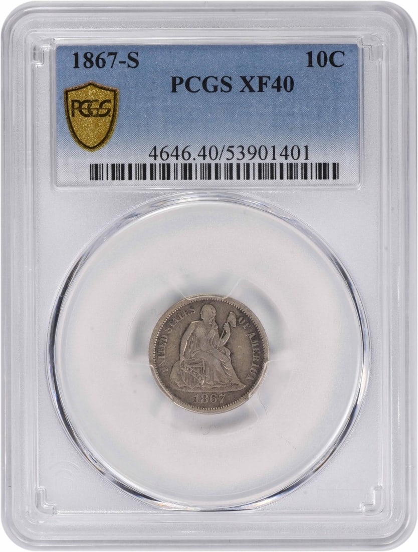 1867-S Liberty Seated Dime EF40 PCGS Certified Silver Coin: 1867-S Liberty Seated Dime EF40 PCGS Certified Silver Coin This 1867-S Liberty Seated Silver Dime is a remarkable example of U.S. coinage, featuring the elegant design by Christian Gobrecht. Struck at