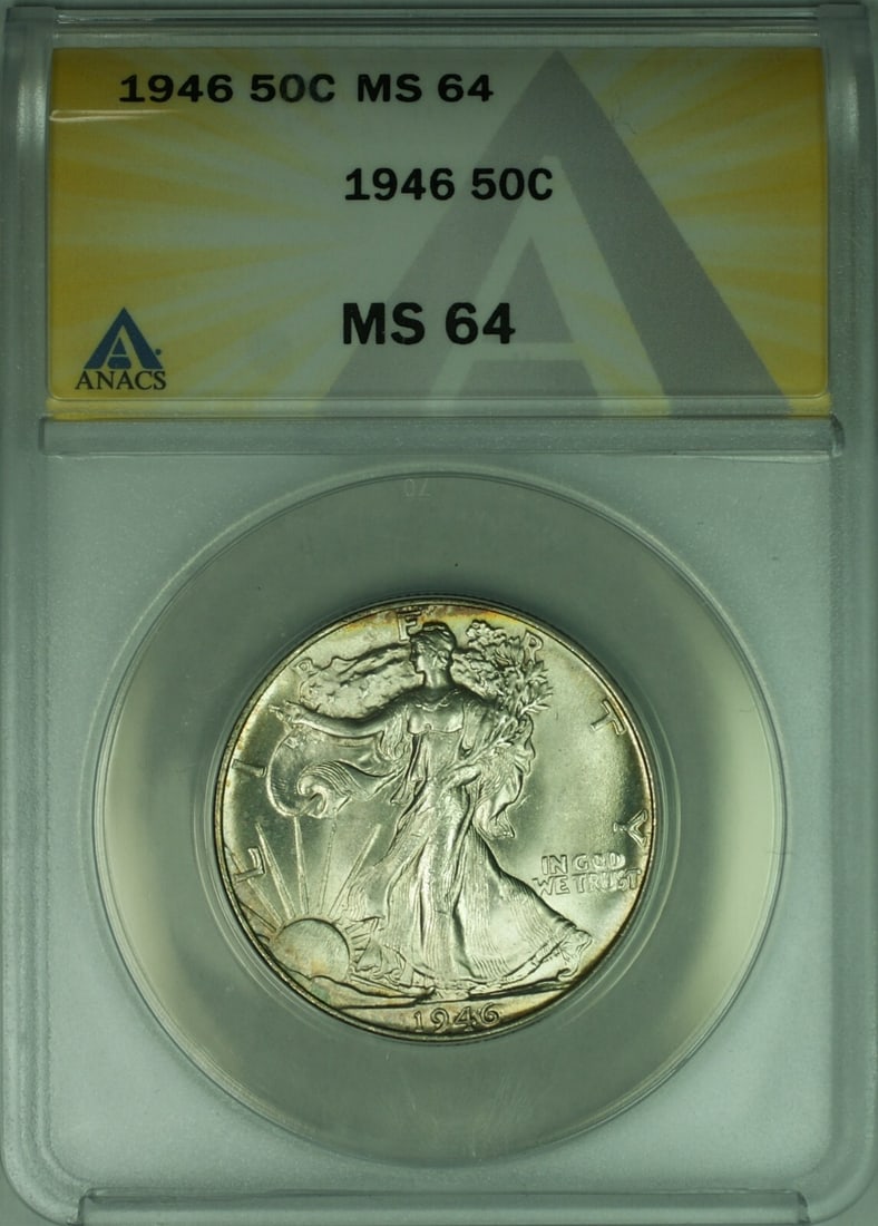 1946 Liberty Walking Silver 50C ANACS MS-64 Philadelphia Light Toning: 1946 Liberty Walking Silver 50C ANACS MS-64 Philadelphia Light Toning This 1946 Walking Liberty Silver Half Dollar features a denomination of 50 cents and is composed of silver. Graded MS-64 by ANACS,