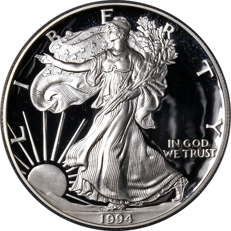 ANACS PF70 DCAM 1994-P Silver American Eagle Dollar Coin: ANACS PF70 DCAM 1994-P Silver American Eagle Dollar Coin This 1994-P Silver American Eagle $1 coin is certified by ANACS with a top grade of PF70 Deep Cameo (DCAM). The coin is composed of silver, fea