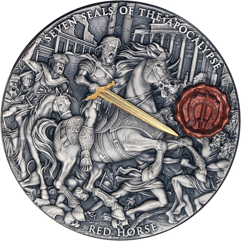 2025 Niue 3 Ounce Silver $7 Red Horse Coin Seven Seals: 2025 Niue 3 Ounce Silver $7 Red Horse Coin Seven Seals Presenting the 2025 Niue 3 Ounce Silver $7 Seven Seals of the Apocalypse Red Horse coin. This remarkable piece showcases superb eye appeal charac