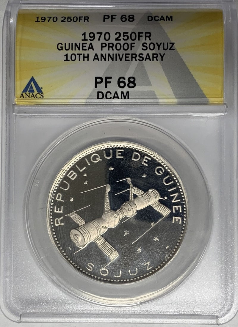 Guinea 1970 250 Francs Silver Soyuz Coin ANACS PR 68 DCAM: Guinea 1970 250 Francs Silver Soyuz Coin ANACS PR 68 DCAM This 1970 Guinea 250 Francs Soyuz coin is composed of silver and carries a certification from ANACS, graded PR 68 DCAM. Issued for circulation