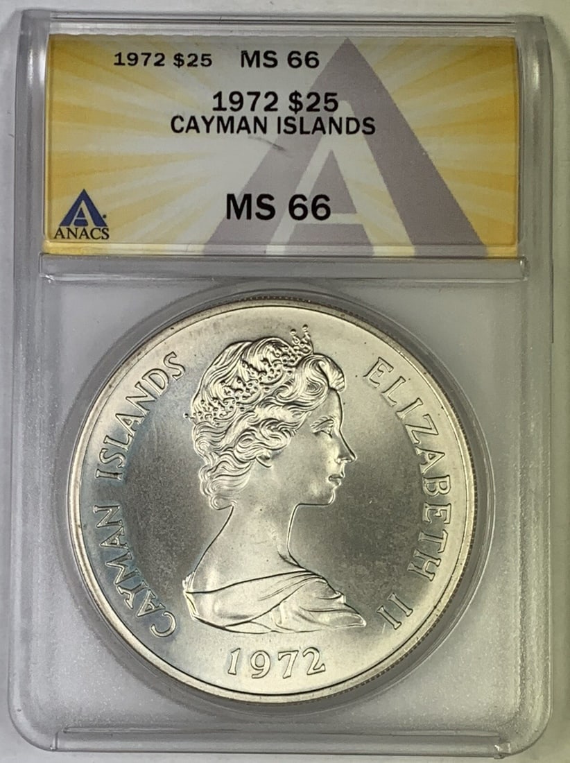 1972 Cayman Islands $25 Silver Coin ANACS MS 66 Queen's 25th Anniversary: 1972 Cayman Islands $25 Silver Coin ANACS MS 66 Queen's 25th Anniversary This 1972 $25 Cayman Islands coin was struck in sterling silver to commemorate the 25th wedding anniversary of Queen Elizabeth