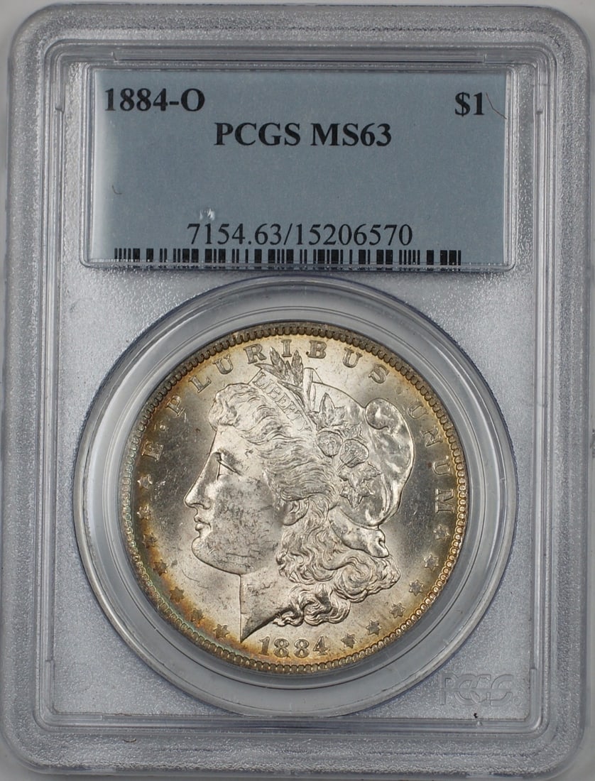 PCGS MS-63 1884-O Morgan Dollar Silver $1 Coin New Orleans Mint Toned: PCGS MS-63 1884-O Morgan Dollar Silver $1 Coin New Orleans Mint Toned This 1884-O Morgan Silver Dollar is a $1 coin minted in New Orleans. Certified by PCGS with a grade of MS 63, it features a silver