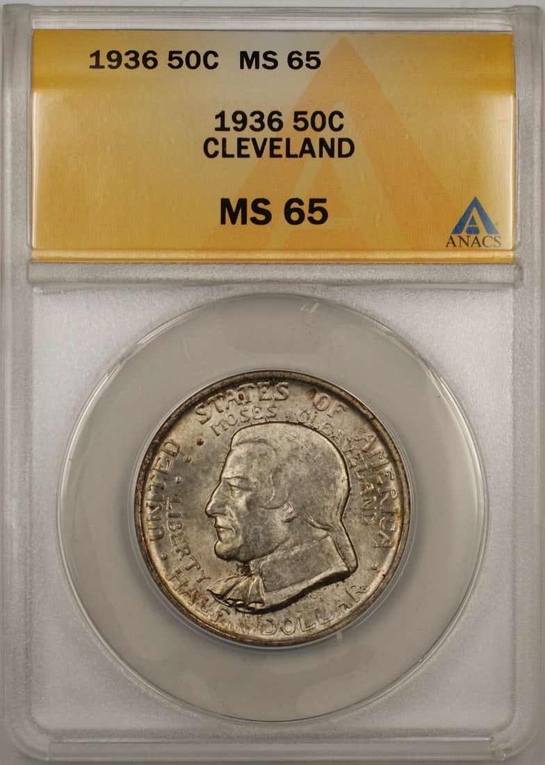 ANACS MS 65 1936 Cleveland Silver 50C Commemorative Half Dollar with Toning: ANACS MS 65 1936 Cleveland Silver 50C Commemorative Half Dollar with Toning This 1936 Cleveland Centennial Commemorative Silver Half Dollar is graded MS 65 by ANACS and originates from the Philadelphi