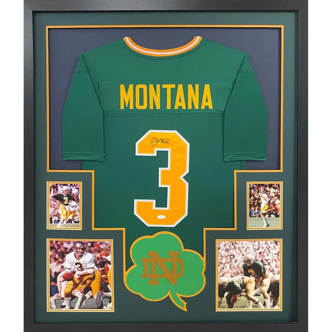 Joe Montana Autographed Framed Jersey JSA Certified Notre Dame 42x34: Joe Montana Autographed Framed Jersey JSA Certified Notre Dame 42x34 Celebrate the legacy of football legend Joe Montana with this autographed framed jersey. This exclusive piece is authenticated by J