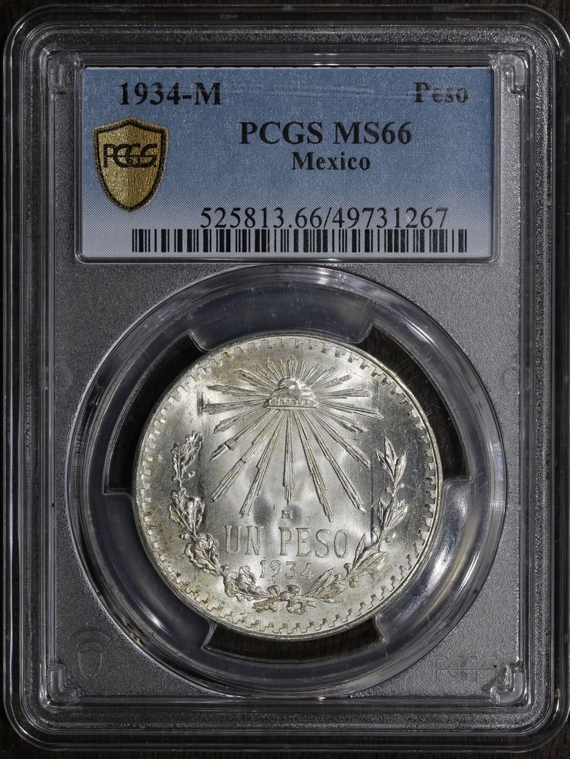 1934 Mexico Silver Peso MS66 PCGS Uncirculated Superb Gem: 1934 Mexico Silver Peso MS66 PCGS Uncirculated Superb Gem This 1934 Mexico Silver Peso is a stunning example of numismatic excellence, graded MS 66 by PCGS, signifying its superb gem quality. Struck i